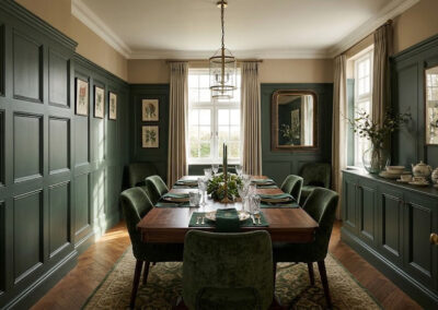 green wooden wall panelling installed in a diningroom in Chartham Kent